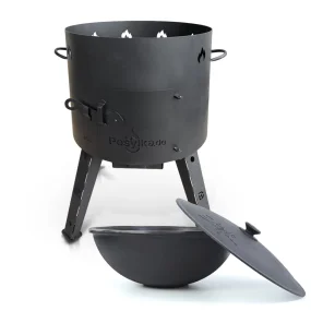 Set - Feuerofen - KazanoFF, für usbekischen Kasan 16 Liter, Ø 44 cm + Gusseisenkasan, Aluminiumdeckel, flacher Boden, Ø 46,5 cm, 16 l