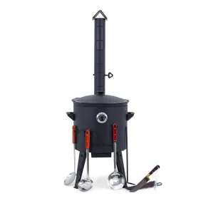 Utschak Feuerofen Ø 40 cm + Gusseisen-Kasan 12 L, runder Boden + Küchenzubehör, Usbekischer Kochtopf aus Gusseisen