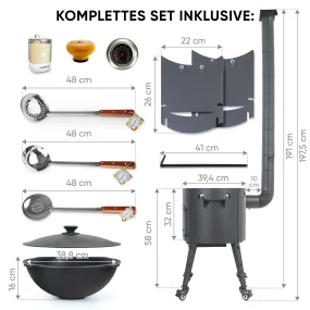 Utschak Feuerofen Ø 40 cm + Gusseisen-Kasan 12 L, flacher Boden + Küchenzubehör, Usbekischer Kochtopf aus Gusseisen