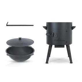 Set - Feuerofen - KazanoFF, für usbekischen Kasan 12 Liter, Ø 40 cm + Gusseisenkasan, Aluminiumdeckel, runder Boden, Ø 42,5 cm, 12 l