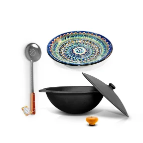Set - Gusseiserner Kasan, Aluminiumdeckel, runder Boden, Ø 42,5 cm, 12 l + Lagan Ø 34 cm + Schaumlöffel 48 cm + Griff für den Kasan
