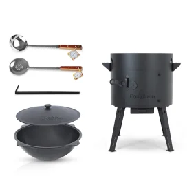 Set - Feuerofen - KasanoFF, 12 Liter, Ø 40 cm + Gusseisenkasan, runder Boden, Ø 42,5 cm, 12 l + Schöpfkelle 48 cm + Schaumlöffel 48 cm