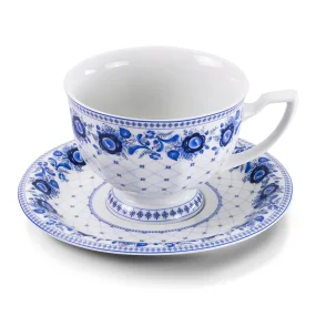 Чайная пара - Царская, фарфор, дизайн гжель, блюдце, чашка: 370 мл