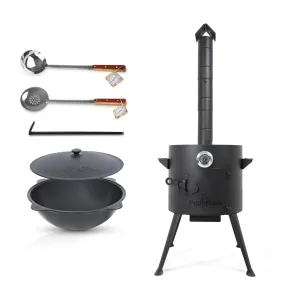 Set - Feuerofen- KazanoFF, für Kasan10 Liter, Ø 36 cm + Thermometer + Gusseisenkasan, runder Boden, Ø 38,5 cm, 10 l + Schöpfkelle + Schaumlöffel