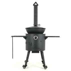 Набор - Учаг с трубой Ø 40 см + казан с крышкой, плоское дно Ø 42,5 см, 12 л + термометр + ролики: 4 шт. + плита + столики: 2 шт. + ручка + диспенсер