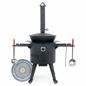 Utschak Feuerofen Ø 44 cm + Gusseisen-Kasan 16 l, Ø 46,5 cm, flacher Boden + Küchenzubehör, Usbekischer Kochtopf aus Gusseisen