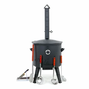 Utschak Feuerofen Ø 49 cm + Gusseisen-Kasan 22 L, Ø 52,7 cm, flacher Boden + Küchenzubehör, Usbekischer Kochtopf aus Gusseisen