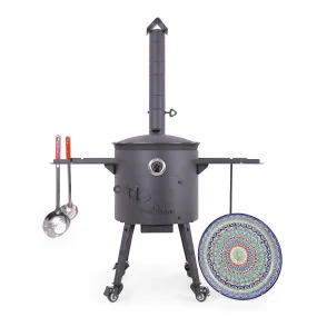 Utschak Feuerofen Ø 40 cm + Gusseisen-Kasan 12 L, flacher Boden + Küchenzubehör, Usbekischer Kochtopf aus Gusseisen