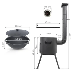 Utschak Feuerofen Ø 36 cm + Gusseisen-Kasan 10 L, Ø38,5 cm, runder Boden, Usbekischer Kochtopf aus Gusseisen für Grill & Plov