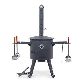 Utschak Feuerofen Ø 44 cm + Gusseisen-Kasan 16 l, Ø 46,5 cm, runder Boden + Küchenzubehör, Usbekischer Kochtopf aus Gusseisen