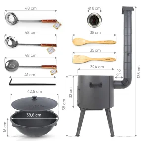 Utschak Feuerofen Ø 40 cm + Gusseisen-Kasan 12 L, Ø 42,5 cm, runder Boden + Küchenzubehör, Usbekischer Kochtopf aus Gusseisen