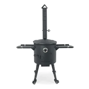 Utschak Feuerofen Ø 40 cm + Gusseisen-Kasan 12 L, flacher Boden + Küchenzubehör, Usbekischer Kochtopf aus Gusseisen