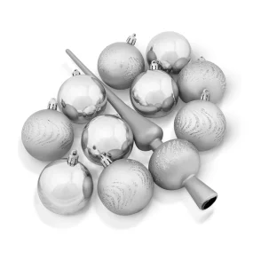 Weihnachtskugeln + Weihnachtsbaum Spitze - Kurven, Kunststoff, silber, 6 cm, 21 Stk. Weihnachtskugeln + Weihnachtsbaum Spitze - Kurven, Kunststoff, silber, 6 cm, 21 Stk.