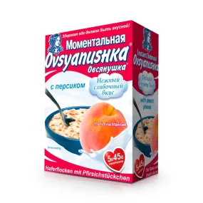 Haferflockenbrei - Ovsyanyshka, mit Pfirsichstückchen und Sahne, 5 x 45 g    Haferflockenbrei - Ovsyanyshka, mit Pfirsichstückchen und Sahne, 5 x 45 g