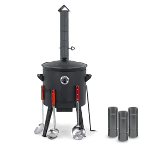 Utschak Feuerofen Ø 40 cm + Gusseisen-Kasan 12 L, runder Boden + Küchenzubehör, Usbekischer Kochtopf aus Gusseisen