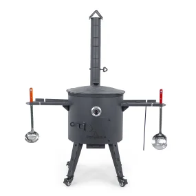 Utschak Feuerofen Ø 44 cm + Gusseisen-Kasan 16 l, Ø 46,5 cm, flacher Boden + Küchenzubehör, Usbekischer Kochtopf aus Gusseisen
