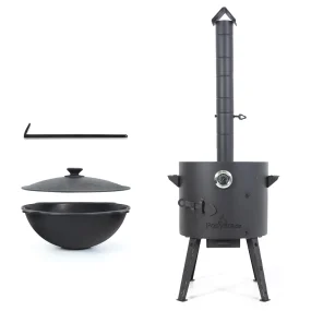 Set - Feuerofen - KasanoFF, für Kasan 12 Liter, Ø 40 cm + Thermometer + Gusseisenkasan, Aluminiumdeckel, flacher Boden, Ø 42,5 cm, 12 l