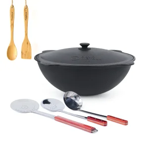 Set - Gusseisenkasan, runder Boden, 22 l, Ø 52,7 cm + Schaumlöffel: 2 Stk. + Schöpfkelle + Spachtel aus Holz + Holzlöffel 