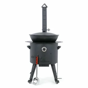 Utschak Feuerofen Ø 49 cm + Gusseisen-Kasan 22 L, flacher Boden + Küchenzubehör, Usbekischer Kochtopf aus Gusseisen