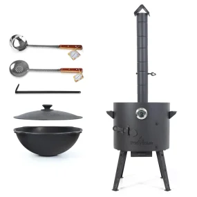 Set - Feuerofen - KasanoFF, 12 Liter, Ø 40 cm, Thermometer, Gusseisenkasan mit Deckel, flacher Boden, Ø 42,5 cm, 12 l, Schaumlöffel 48 cm, Schöpfkelle