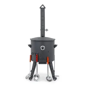 Utschak Feuerofen Ø 44 cm + Gusseisen-Kasan 16 l, Ø 46,5 cm, flacher Boden + Küchenzubehör, Usbekischer Kochtopf aus Gusseisen