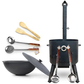 Set - Feuerofen - KasanoFF, 22 Liter, Ø 49 cm + Gusseisenkasan, flacher Boden, 22 l, Ø 52,7 cm + Thermometer + Schaumlöffel: 3-tlg. + Schöpfkelle + Ho