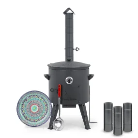 Utschak Feuerofen Ø 44 cm + Gusseisen-Kasan 16 l, Ø 46,5 cm, runder Boden + Küchenzubehör, Usbekischer Kochtopf aus Gusseisen