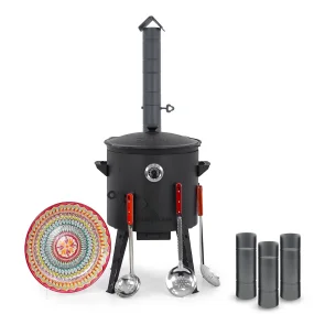 Utschak Feuerofen Ø 40 cm + Gusseisen-Kasan 12 L, flacher Boden + Küchenzubehör, Usbekischer Kochtopf aus Gusseisen