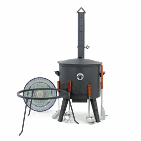Utschak Feuerofen Ø 49 cm + Gusseisen-Kasan 22 L, Ø 52,7 cm, flacher Boden + Küchenzubehör, Usbekischer Kochtopf aus Gusseisen