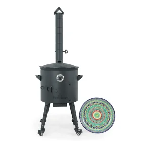 Utschak Feuerofen Ø 40 cm + Gusseisen-Kasan 12 L, runder Boden + Küchenzubehör, Usbekischer Kochtopf aus Gusseisen