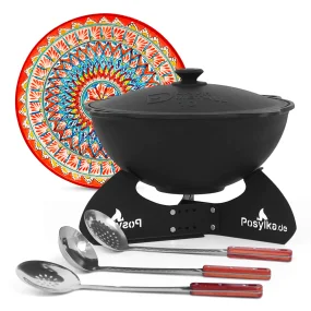 Kasan aus Gusseisen, Aluminiumdeckel, flacher Boden, Ø 36,7 cm, 10 l + Untersetzer + Lagan Ø 32 cm + Küchenutensilien