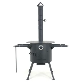 Utschak Feuerofen Ø 36 cm + Gusseisen-Kasan 10 L, runder Boden + Küchenzubehör, Usbekischer Kochtopf aus Gusseisen für Grill & Plov