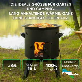 Utschak Feuerofen Ø 44 cm + Gusseisen-Kasan 16 l, Ø 46,5 cm, flacher Boden + Küchenzubehör, Usbekischer Kochtopf aus Gusseisen
