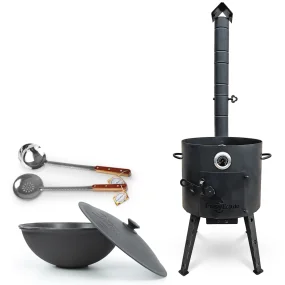 Set - Feuerofen - KasanoFF, 12 Liter, Ø 40 cm, Thermometer, Gusseisenkasan mit Deckel, flacher Boden, Ø 42,5 cm, 12 l, Schaumlöffel 48 cm, Schöpfkelle