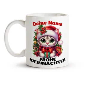 Namenstasse - Frohe Weihnachten, Kätzchen mit einem Geschenk, Keramik, 330 ml Namenstasse - Frohe Weihnachten, Kätzchen mit einem Geschenk, Keramik, 330 ml