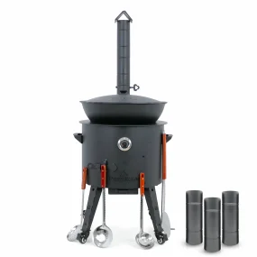 Utschak Feuerofen Ø 49 cm + Gusseisen-Kasan 22 L, flacher Boden + Küchenzubehör, Usbekischer Kochtopf aus Gusseisen