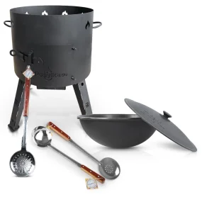 Set - Uchag Feuerofen - KasanoFF, 16 Liter, Ø 44 cm + Gusseisenkessel, runder Boden, Ø 46,5 cm, 16 l + Schaumlöffel 64 cm + Schöpfkelle 48 cm