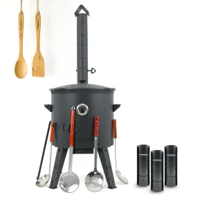 Utschak Feuerofen Ø 44 cm + Gusseisen-Kasan 16 l, Ø 46,5 cm, flacher Boden + Küchenzubehör, Usbekischer Kochtopf aus Gusseisen für Grill & Plov