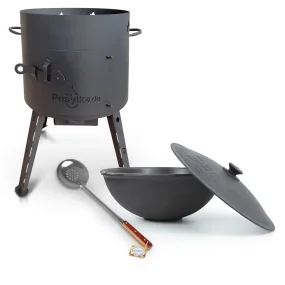 Set - Feuerofen- KazanoFF, für usbekischen Kasan 12 Liter, Ø 40 cm + Gusseisenkasan, Aluminiumdeckel, flacher Boden, Ø 42,5 cm, 12 l + Schaumlöffel 48