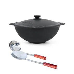 Set - Gusseisenkasan, Aluminiumdeckel, flacher Boden, Ø 37 cm, 8 l + Schaumlöffel 48 cm + Schöpfkelle 48 cm