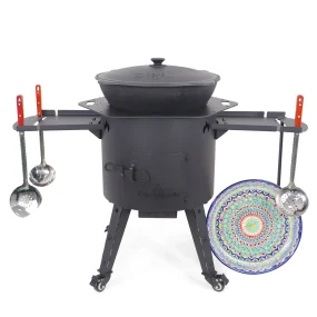 Учаг печь Ø 44 см + чугунный казан 16 л, плоское дно, колёса, столики, плита + кухонные принадлежности, узбекский чугунный казан для гриля и плова