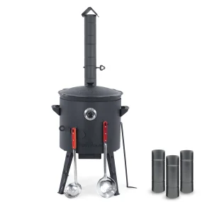 Utschak Feuerofen Ø 40 cm + Gusseisen-Kasan 12 L, runder Boden + Küchenzubehör, Usbekischer Kochtopf aus Gusseisen