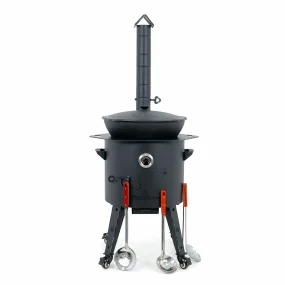 Utschak Feuerofen Ø 44 cm + Gusseisen-Kasan 16 l, Ø 46,5 cm, flacher Boden + Küchenzubehör, Usbekischer Kochtopf aus Gusseisen