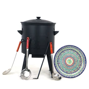 Utschak Feuerofen Ø 40 cm + Gusseisen-Kasan 12 L, flacher Boden + Küchenzubehör, Usbekischer Kochtopf aus Gusseisen für Grill & Plov