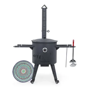 Utschak Feuerofen Ø 44 cm + Gusseisen-Kasan 16 l, Ø 46,5 cm, flacher Boden + Küchenzubehör, Usbekischer Kochtopf aus Gusseisen