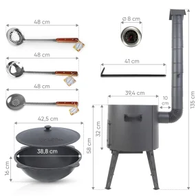 Utschak Feuerofen Ø 40 cm + Gusseisen-Kasan 12 L, Ø 42,5 cm, runder Boden + Küchenzubehör, Usbekischer Kochtopf aus Gusseisen