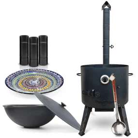 Set - Feuerofen - KasanoFF, Ø 49 cm + Gusseisenkasan, flacher Boden, 22 l, Ø 52,7 cm + Thermometer + Rohrverlängerung + Lagan MIX, Ø 42 cm + Schaumlöf