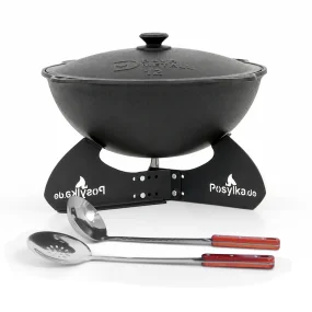 Kasan aus Gusseisen, Aluminiumdeckel, runder Boden, Ø 42,5 cm, 12 l + Ständer + Küchenutensilien