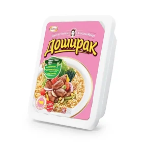 Instant Nudeln - Doschirak mit Kalbfleischgeschmack, auf dem Teller, 90 g