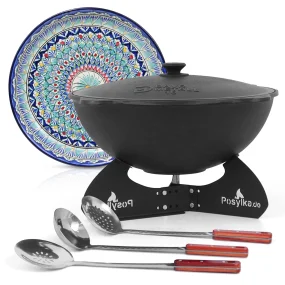 Kasan aus Gusseisen, Aluminiumdeckel, flacher Boden, Ø 46,5 cm, 16 l + Untersetzer + Lagan Ø 37 cm + Küchenzubehör